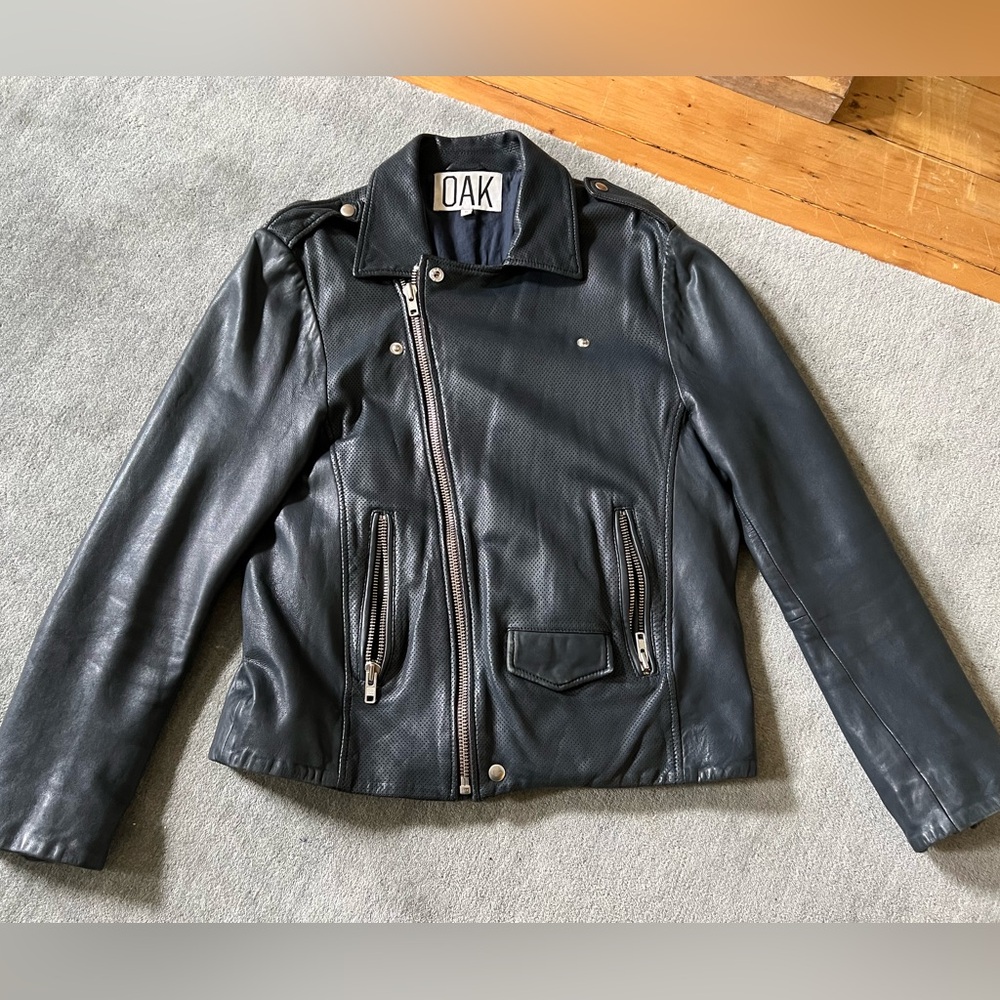 O.A.K perforated leather moto boyfriend jacket in Navy.